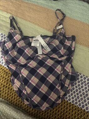 Plaid Pink Victoria Secret Cami Bodysuit - Navy & Cream & pink .